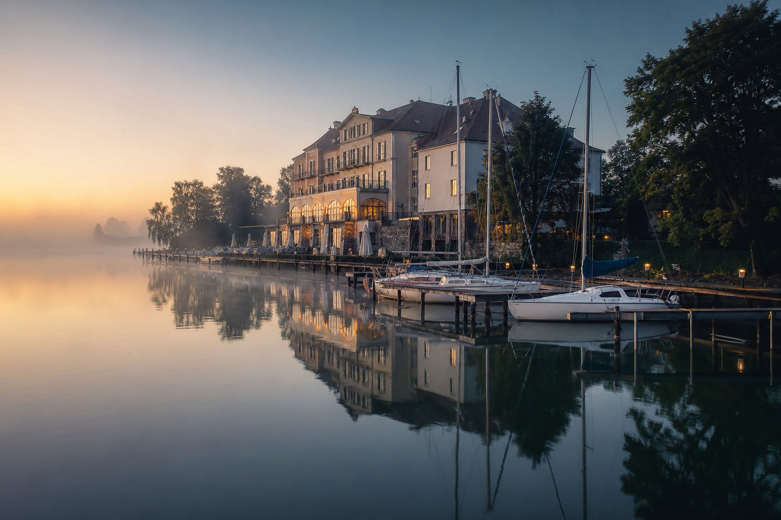 Obiekt hotelowy w Augustowie — hotel nad jeziorem z pomostem o świcie