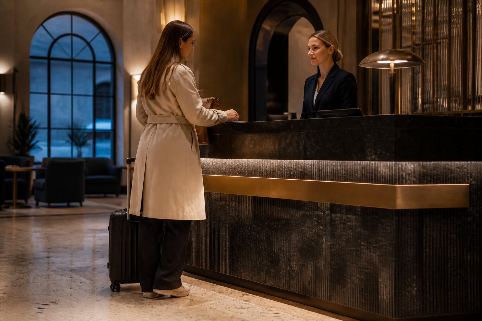 Zdjęcie poglądowe — recepcja eleganckiego hotelu miejskiego